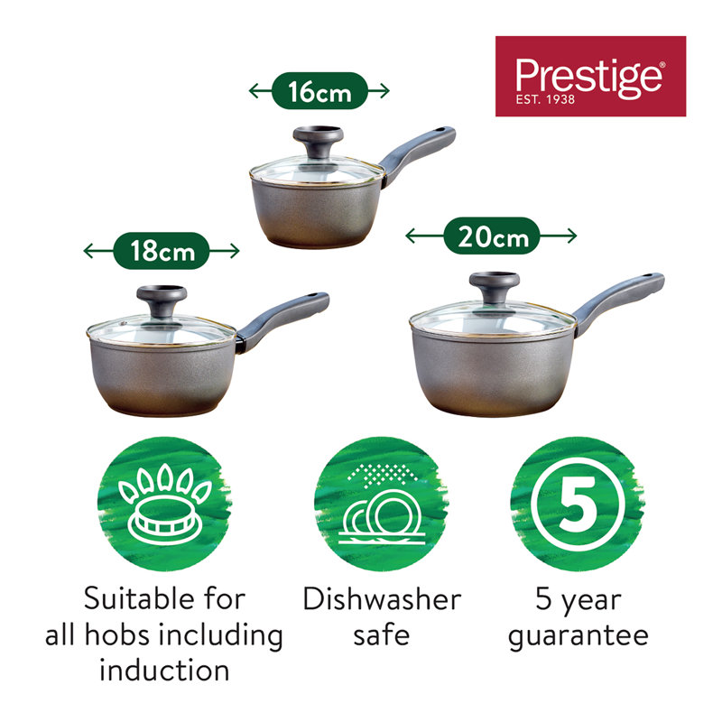 Earthpan Recycled induction Dishwasher Safe 3 Piece Saucepan Set with Toughened Glass Lids -16cm, 18cm and 20cm