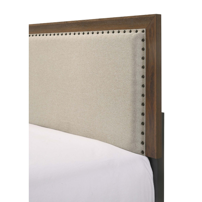 Shristi Fabric Upholstered Headboard Tufted Nailhead Trim 1pc Panel Bed Beautiful Wooden Bedroom Furniture, Queen, Brown