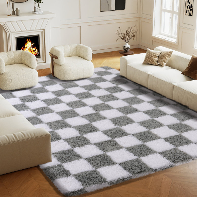 Tapis blanc et gris clair à carreaux antidérapant idéal pour les chambres d'enfants, les zones d'étude et les salons, Blanc