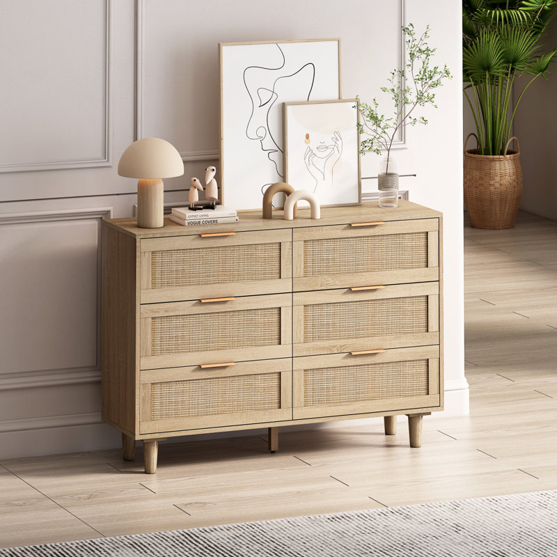 Armoire de rangement 43,31 pouces à 6 tiroirs en rotin pour chambre à coucher