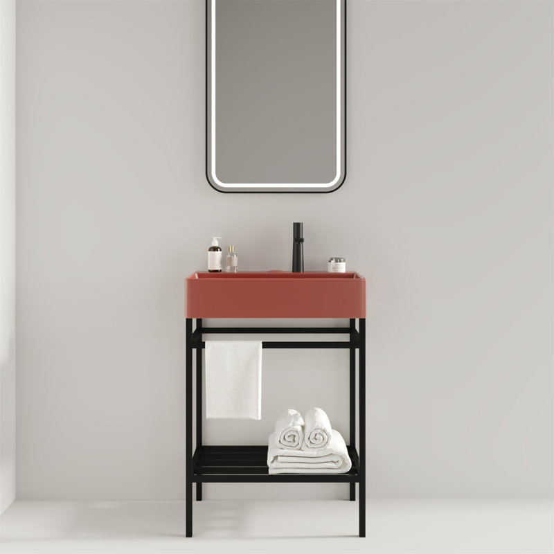 Meuble-lavabo 24 po avec lavabo en céramique, ensemble de lavabo console sur pied, lavabo rectangulaire en céramique rouge lustré sans robinet, pieds en métal ouverts, tablettes de rangement