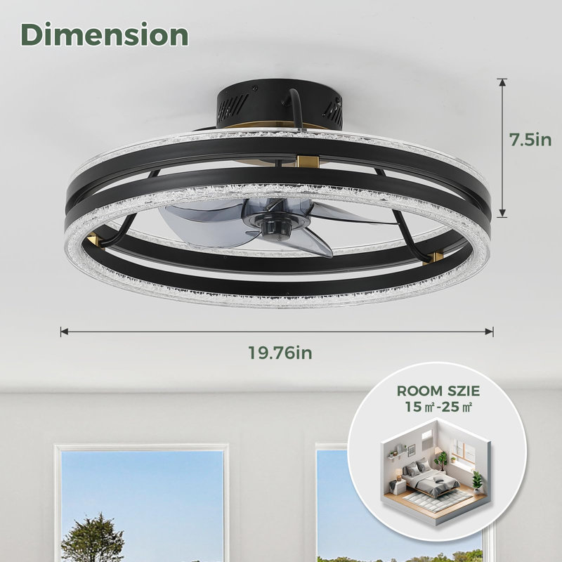 20 inch Low Profile Matte Black Dimmable LED Ceiling Fan Light with Remote Control for Dinning Room and Bedroom, Black