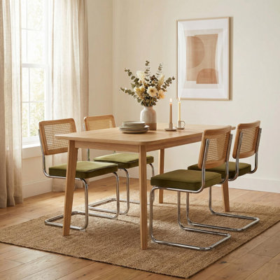 5-Piece Solid Wood Dining Table Set Rectangular Kitchen Table With Rattan Back Cantilever Chairs