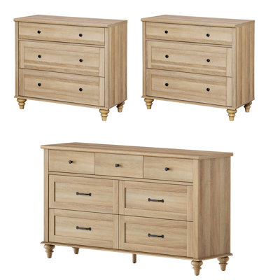 3 Piece Bedroom Set - Includes Mid Century 7 Drawer Dresser, Set Of 2 Bedside Tables With 3 Drawers, 3 Piece Dresser And Nightstand Sets by Charlton Home