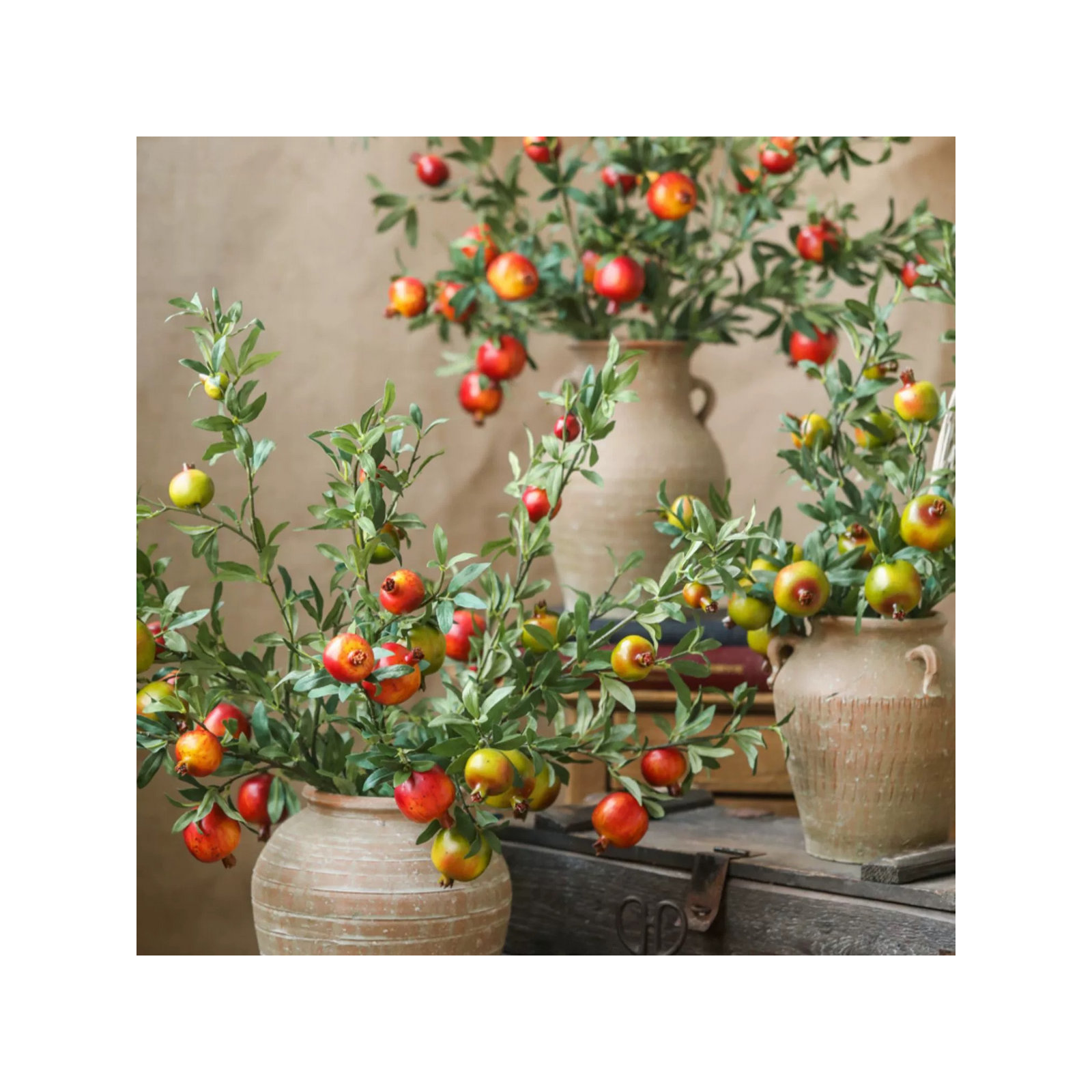 Big Fruit Faux Pomegranate Stem 32" Tall, Red