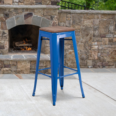 Margherite 30" High Backless Metal Barstool with Square Wood Seat
