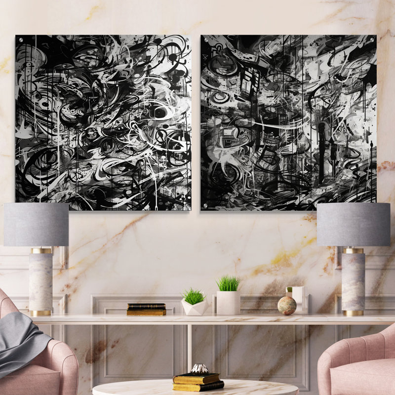 «Black and White Graffiti Cosmic I», ensemble de 2 peintures murales abstraites géométriques en acrylique, H 16 po x l 33 po