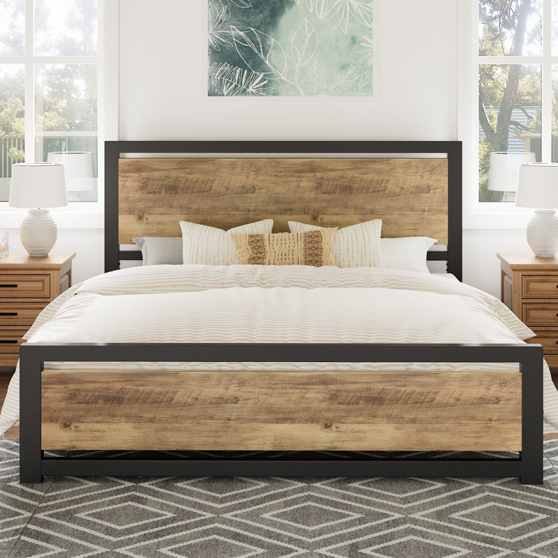 Marilee Wood and Black Metal Frame Bed with Headboard, Queen, Walnut