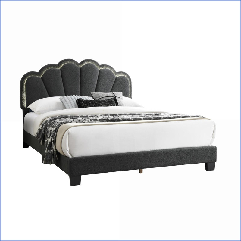 Base de lit plateforme en tissu de laine grand format avec tête de lit florale à DEL - gris anthracite, aucun sommier nécessaire