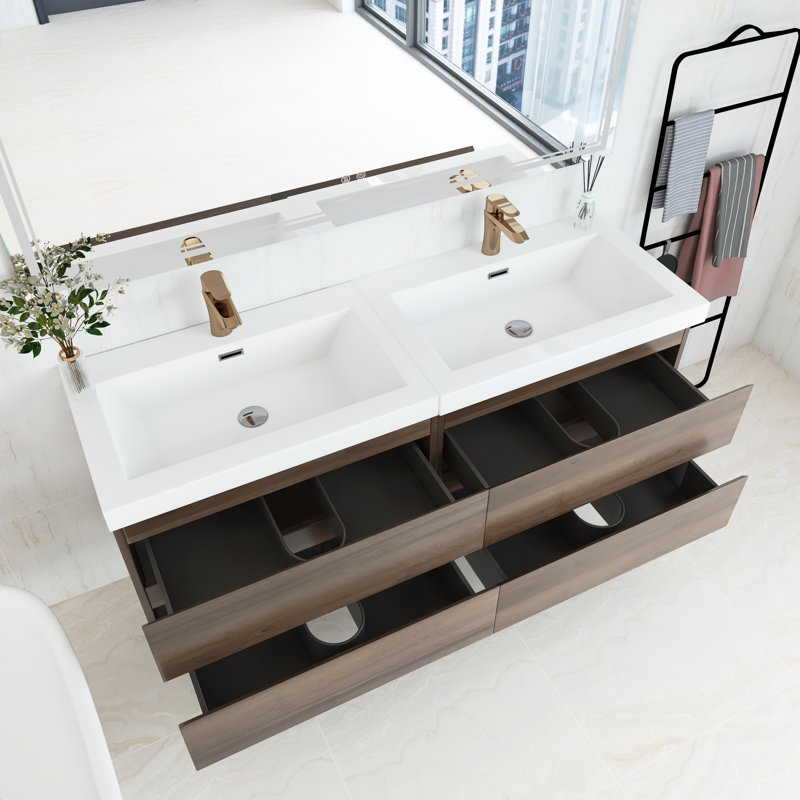 Princeton 60'' Double Bathroom Vanity with Resin Top, Gray Oak