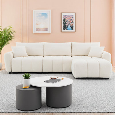 L-Shape Boucle Modular Sectional Sofa w/Pull-Line Design, Movable Ottoman & Ultra-Wide Seats - 110" Cream