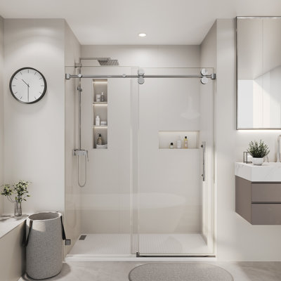 60 In. W X 79 In. H Frameless Single Sliding Shower Door With 3/8 In. Tempered Clear Glass In Brushed Nickel