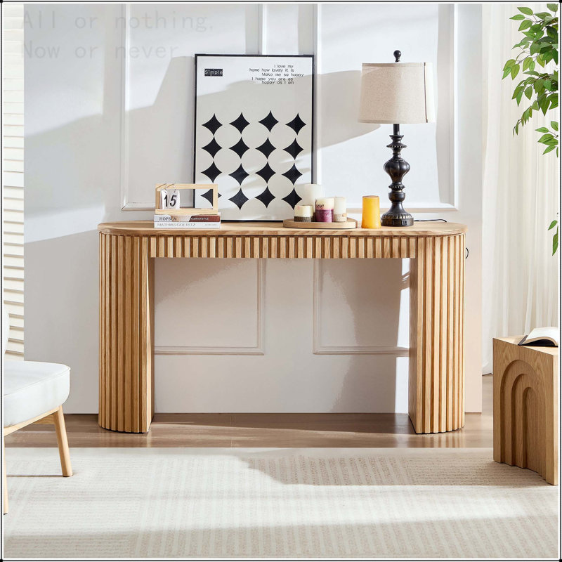 Console courbée avec tiroir et rayures verticales, Naturel