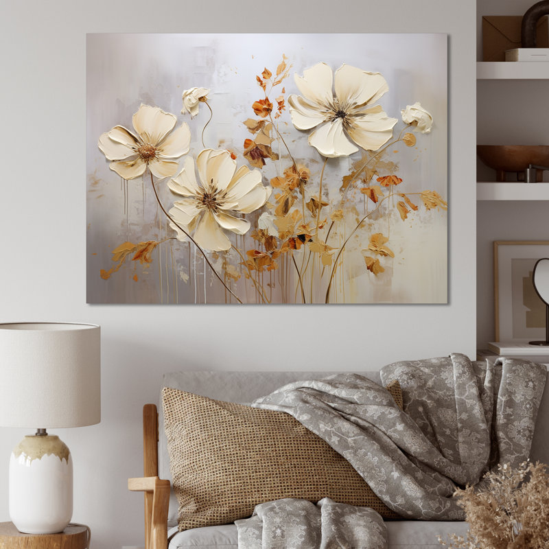 «Beige And Gold Seasonal Flowers Composition I», reproduction sur toile, Toile tendue, H 24 po x l 32 po x P 1 po