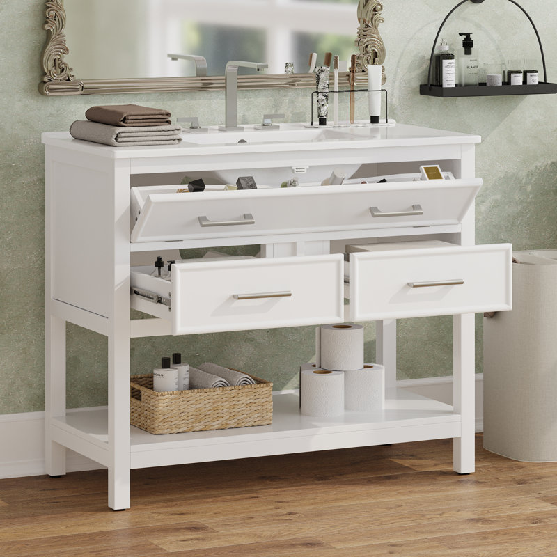Sanda 36" Bathroom Vanity With Ceramic Sink, Drawers & Open Shelf, White