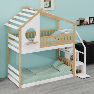 Space Saving Bunk Bed, House Bed with Guard Rail and Storage