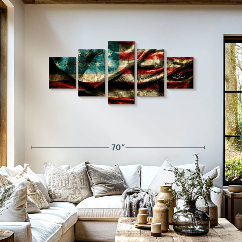 Drapeau américain sale - ensemble de 5 toiles tendues, H 55 po x l 24 po x P 1,25 po