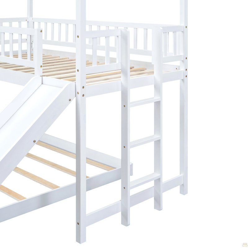 Twin Over Full House Bunk Bed With Slide And Built-In Ladder, Full-Length Guardrail