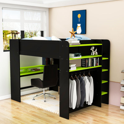 Lit mezzanine double en bois avec bureau, port USB et éclairage à bande RVB