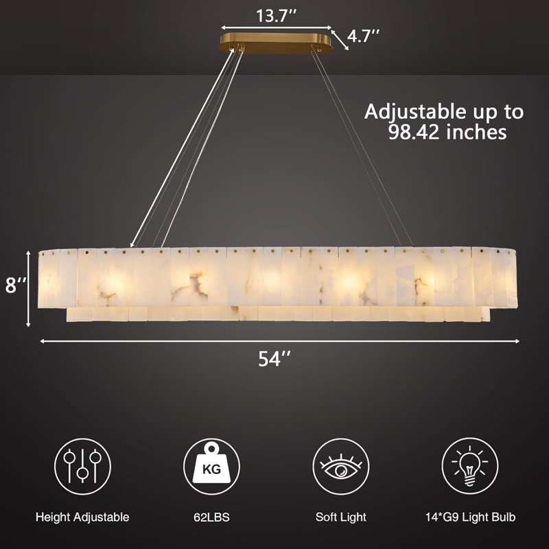 Monzerat 14 - Light Rectangular Alabaster Kitchen Island Gold Chandeliers(Bulbs Included), 7.9" H x 53.9" W x 15.7" D