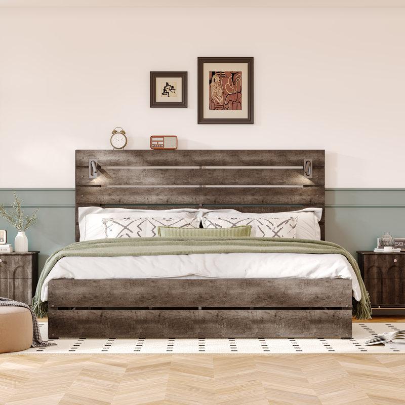 Bed Frame with 51” Tall Headboard, LED Reading Lights, USB Ports, and Rustic Wood Finish, King, Gray