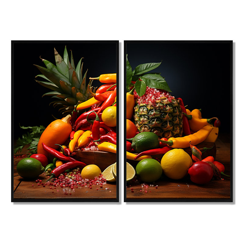 Caraïbes, fruits II - art mural traditionnel, Noir, H 36 po x l 48 po, Reproduction encadrée sans passe-partout