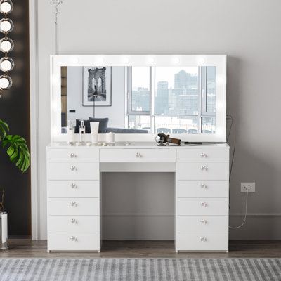 Boahaus EXTRA-LARGE Lighted Makeup Vanity Table, Big Mirror with Built-in Light Bulbs, 13 Drawers, Lights, Large Glass Top -  Boahaus LLC, W.16.53-23-6105-12B-6204-13