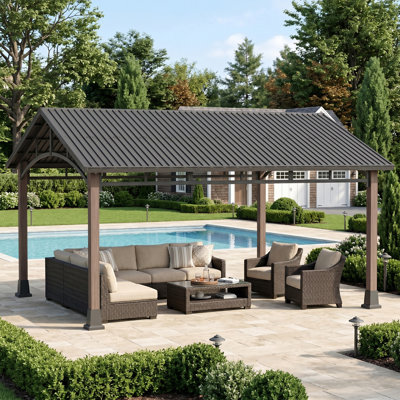 13 pi. L 15 pi. D Pavillon de jardin en acier galvanisé avec poteaux d'apparence en bois, abri extérieur multi-scène pour le patio