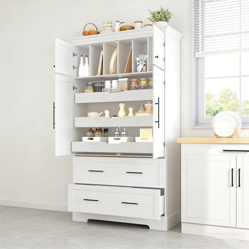 Farmhouse Freestanding 40''X18''x72.6'' Kitchen Pantry, 4 Doors Dining Storage Cabinet With Pull-Out Trays, Drawers And Cake Pan Storage Organizer