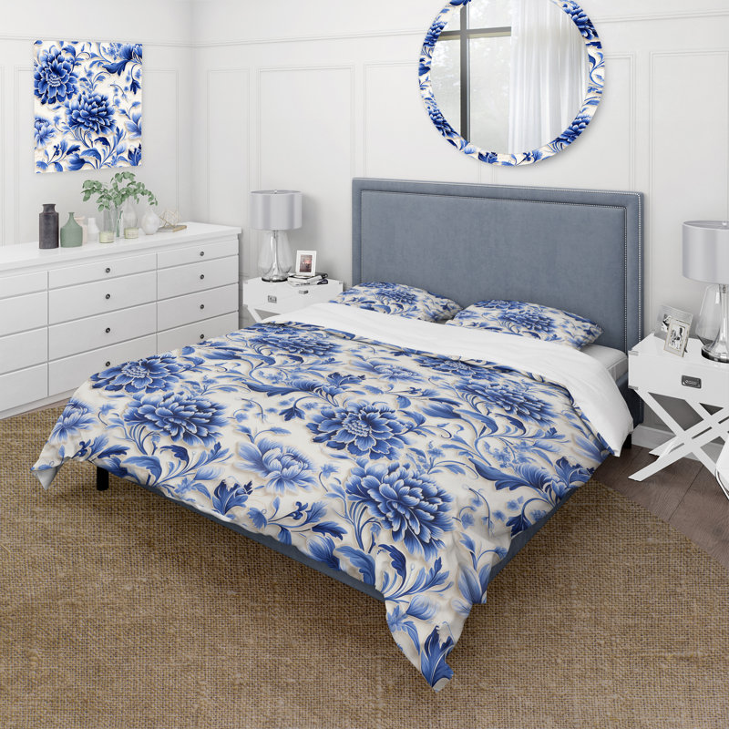 Literie en V cobalt bleu filigrane de style victorien, Housse de couette simple + 1 taie décorative stan