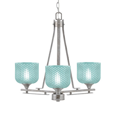 Lustre 3 lumières Uptowne présenté en finition argentée vieillie avec verre texturé turquoise de 6 po
