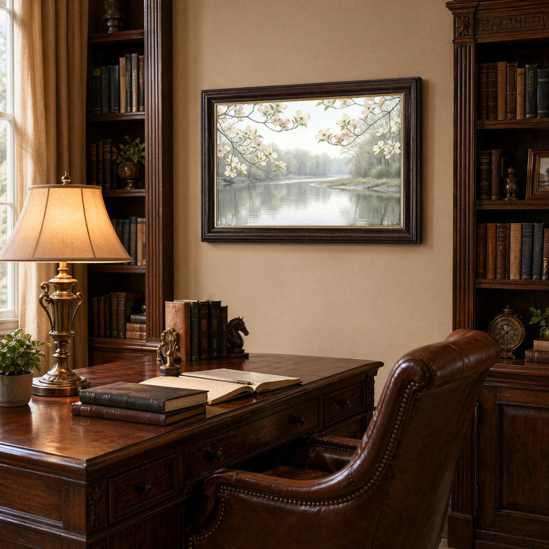 Art mural antique sur toile encadré doré pour le salon, la chambre à coucher, le bureau ou le vestibule - décoration murale décorative avec rivière florale