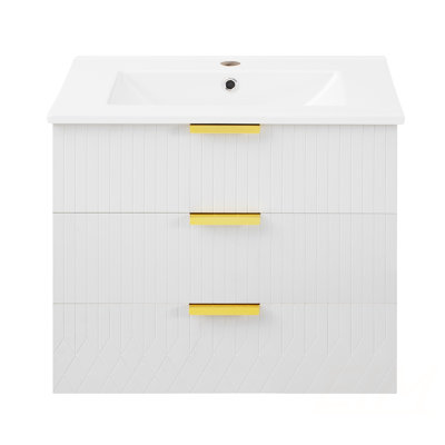 24inch Wall Mounted Floating Cabinet with Side Cabinet Combo, Rectangular Vanity, Small Bathroom Sink With Single Faucet Hole and Overflow, Modern Bathroom Cabinet with Ceramic Basin Sink, Bathroom Vanities
