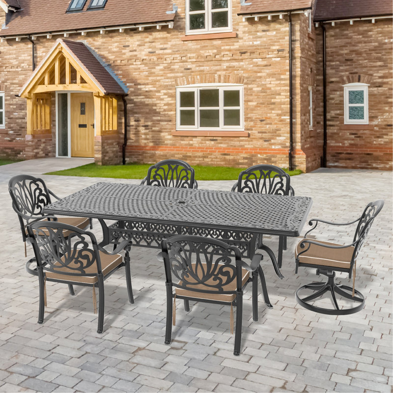 Ensemble de salle à manger 7 pièces en fonte d'aluminium toutes saisons comprenant 2 chaises pivotantes, 6 chaises et une table rectangulaire avec cadre noir