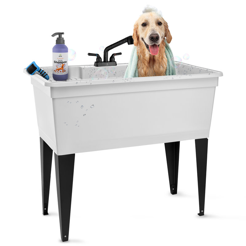 37-Gallon Freestanding Laundry Tub Utility Sink with Black Pull-Out Faucet, White