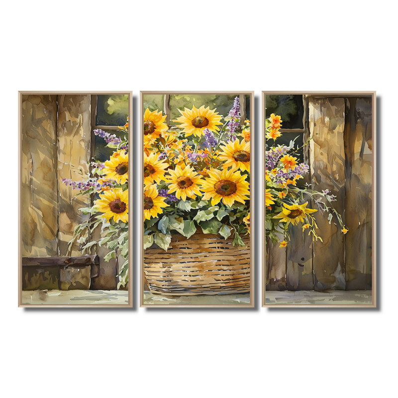 Bouquet de brise d'été à la grange - art mural tournesols - ensemble de 3, Érable, Impression encadrée sans passe-partout