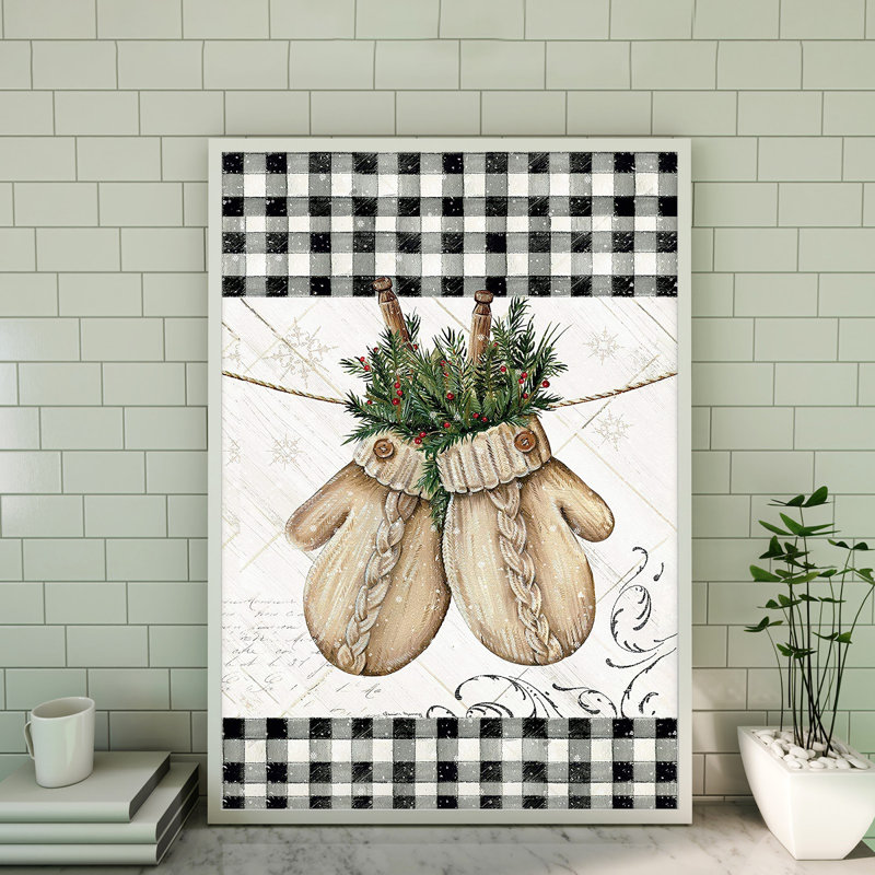 Toile tendue avec des gants de sapin de Noël, décoration de Noël, beige et vert, H 14 po x l 11 po x P 2 po