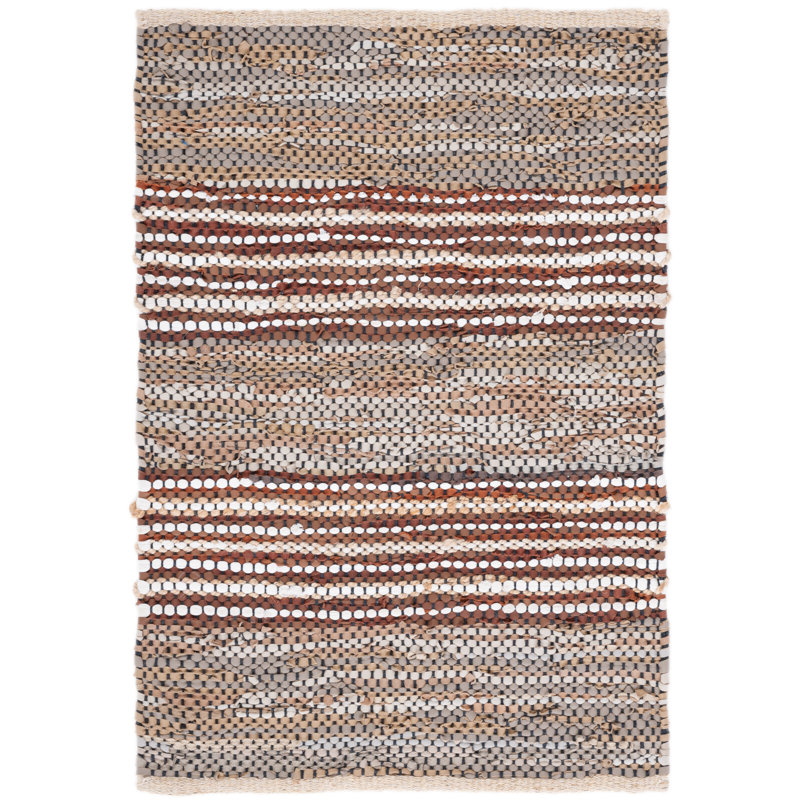 Gereldine Vintage Leather Hand Woven Leather/Jute Striped Rug in Beige/Natural, Runner 2'3" x 9'