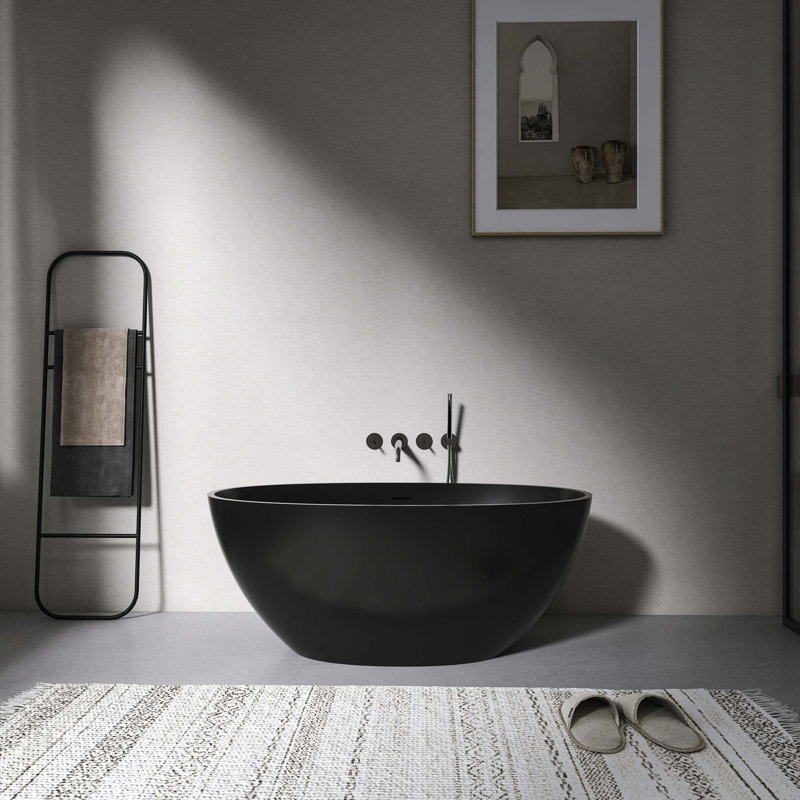 55" Freestanding Solid Surface Soaking Bathtub For Bathroom, Black