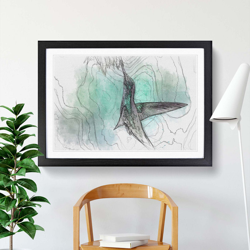 Green Hummingbird in Abstract - Picture Frame Graphic Art Print, 36cm H x 48cm W x 2cm D, Black Framed