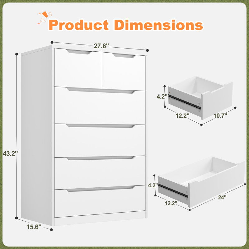 6-drawer Tall Dresser, Modern Wood Chest With Deep Drawers And Smooth Metal Rails, For Bedroom, Hallway, Or Living Room