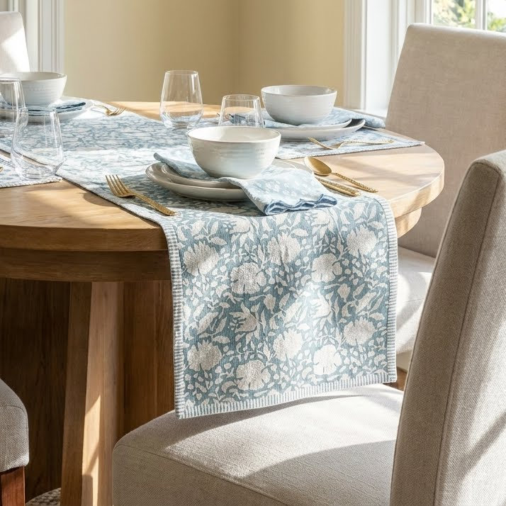 Hand-Blocked Table Runner, 18" W x 90" L, Blue Floral