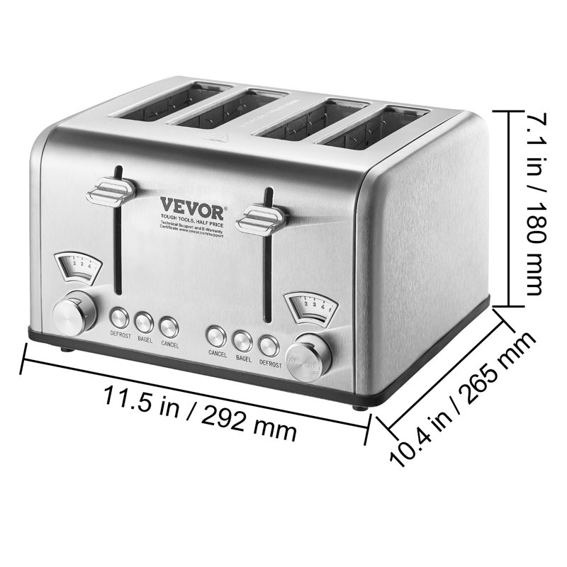 Grille-pain rétro en acier inoxydable à 4 tranches 1625 W de 1,5 po VEVOR