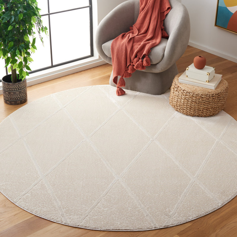 Tapis ivoire en polyester tissé à la main Moneque, Rond 6 pi 7 po