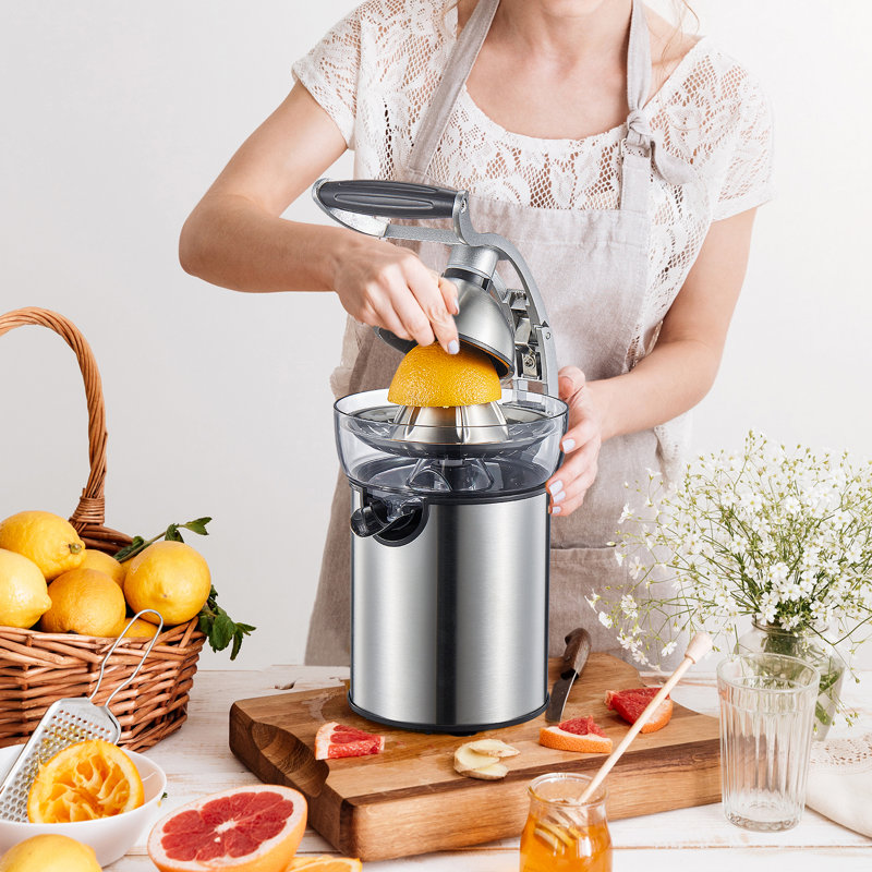 Presse-agrumes électrique, noir / acier inoxydable - sans BPA avec poignée en caoutchouc, cônes de deux tailles, bec anti-goutte, facile à nettoyer et à utiliser, pour orange, citron et lime