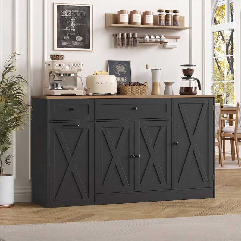 59" Sideboard with Charging Station & 2 Drawers, Brown/Black