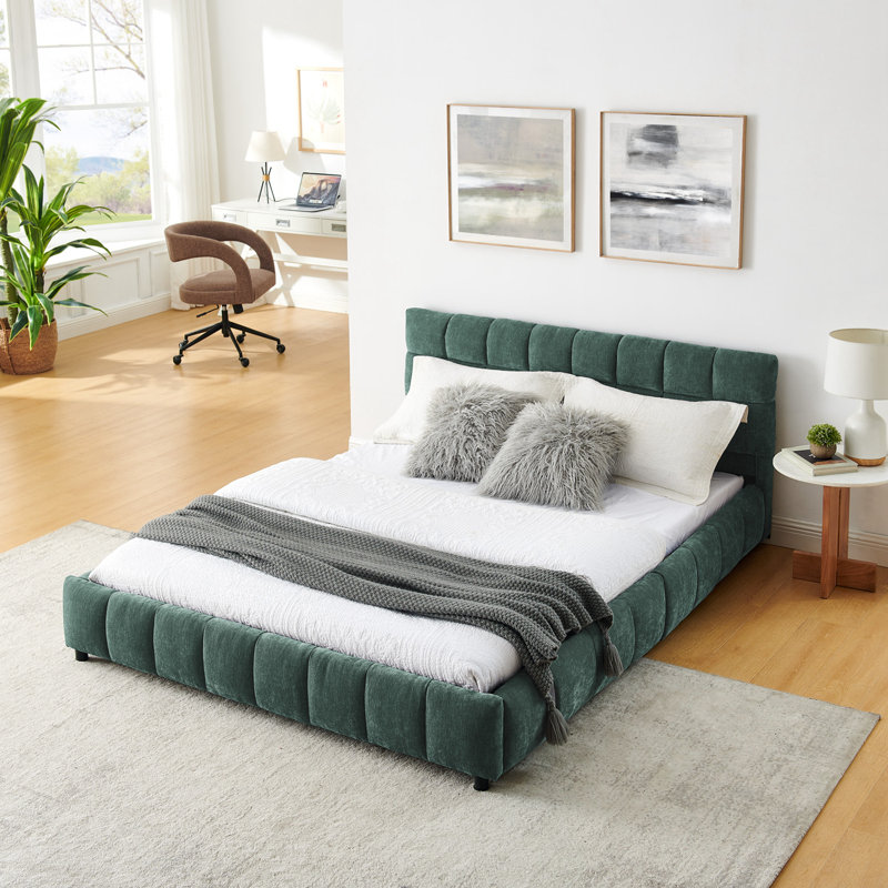 Structure de lit tapissier en chenille grand avec tête de lit et tiroirs de rangement, Vert