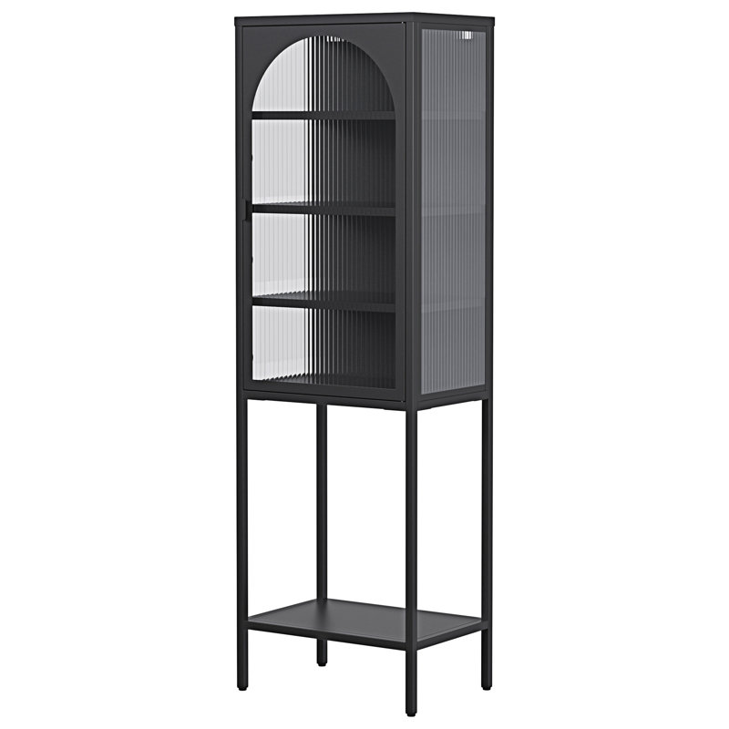 Black Metal and Glass 5-Tier Adjustable Bookshelf Cabinet