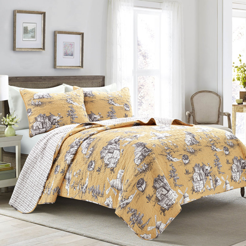 Ensemble de courtepointe réversible en coton Lush Decor French Country, Courtepointe pour très grand lit et 2 taies déco