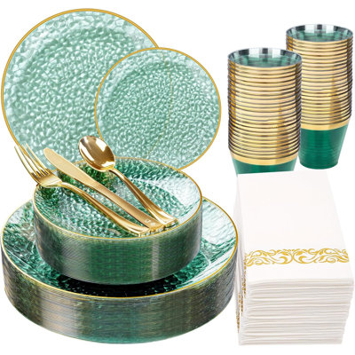WELLIFE 175 Pcs Plastic Dinnerware Set (25 Guests), Clear And Gold Plastic Plates, Hammered Party Plates Include Dinner Platos, Dessert Platos, Cups, Gold Cutlery Set And Napkins for Party